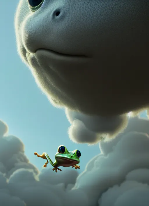 Prompt: hyperrealism, detailed textures, photorealistic 3 d, a massive hovering frog emerging from a fluffy cloud, ultra realistic, 1 million pixar detail, cinematic, intricate, cinematic light, concept art, illustration, art station, unreal engine 8 k
