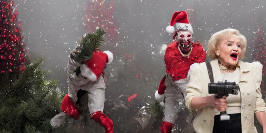 Prompt: betty white rocket launcher christmas nightmare horror by jordan peele cinematic fog snow night terrifying