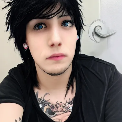 Prompt: anime style trans guy with black shaggy hair and piercings
