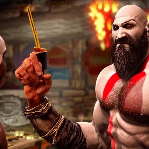 Image similar to kratos from god of war ordering a burger and a soda