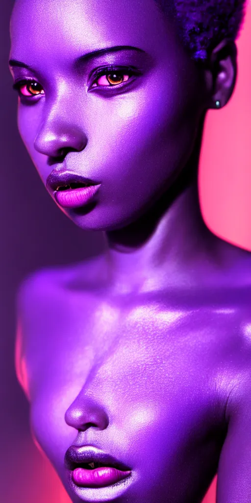 Prompt: hyperrealistic intricate close-up of beautiful african woman with purple hair and pearlescent blue skin james paick machiej kuciara dramatic neon lighting on one side 35mm shallow depth of field