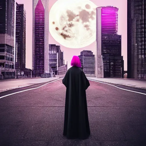 Prompt: conceptual photography of an urban witch in a cloak with pink hair is standing on the city road among skyscrapers with gloomy lighted windows under the full moon movie poster style