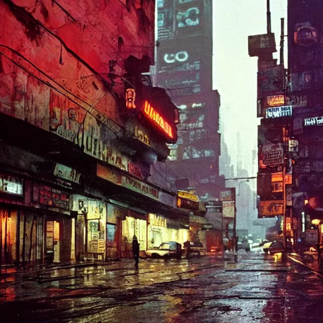 Prompt: kodachrome photograph, saturated photo, 1 9 6 7 dystopian cyberpunk city during a melancholy rainy night