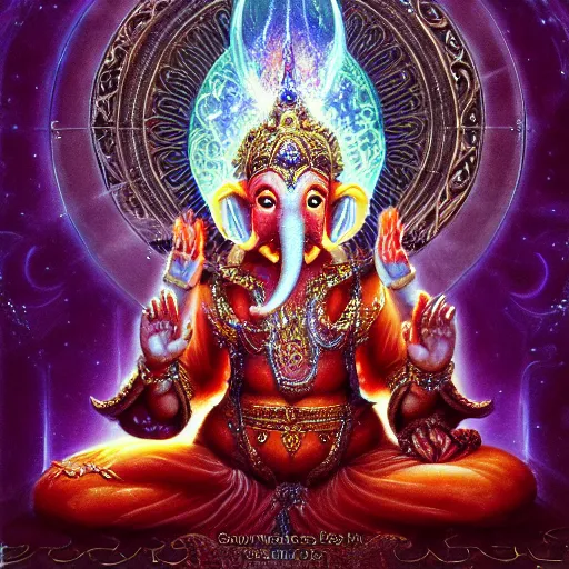 Image similar to artstation, intricate details, hyper details, by gilbert williams, deva ganesha in their palace and sacred realm, eastern mysticism, spiritual alchemy, esoteric, ether, 5 th element, dark energy dark matter, hermetic,