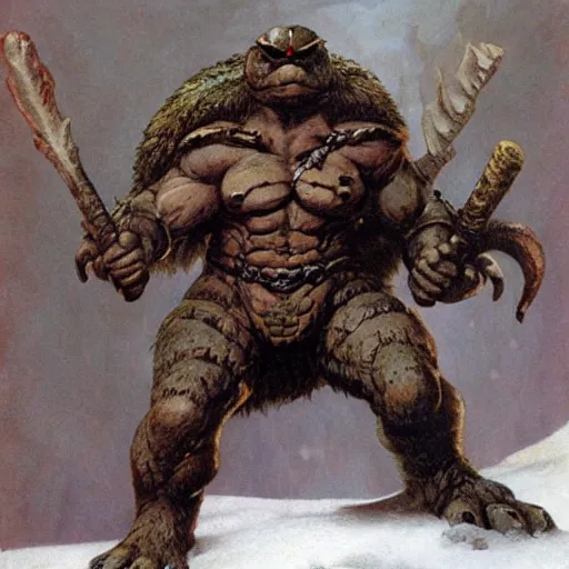 Image similar to anthropomorphic turtle barbarian humanoid by frank frazetta, carapace, blizzard, winter, night, furs, fantasy