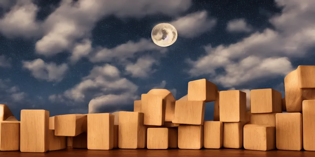Prompt: Land of randomly placed wooden blocks, night sky, moon lighting, clouds,