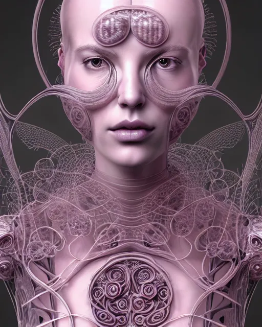 Prompt: mythical dreamy organic bio - mechanical spinal ribbed profile face portrait detail of translucent steampunk beautiful intricated monochrome angelic - human - queen - vegetal - cyborg, highly detailed, intricate translucent pale pink ivy jelly ornate, poetic, translucent roses ornate, 3 d render, digital art, octane render, 8 k artistic lithography