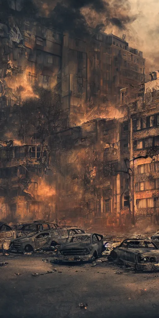 Image similar to post - apocalyptic kreuzberg streets, burned cars, explosions, colorful smoke, hyperrealistic, gritty, damaged, dark, urban photography, photorealistic, high details