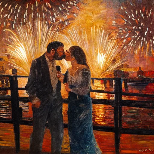 Image similar to an oil painting of couple kissing, in a background fireworks in venice