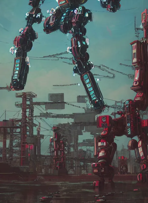 Image similar to intricate digital artwork of a giant japanese anime war mecha by simon stalenhag, by nuthin'but mech, by kallamity sketchbook, inspired by metal gear solid, neon factory background, octane render, cgstation, 4 k resolution