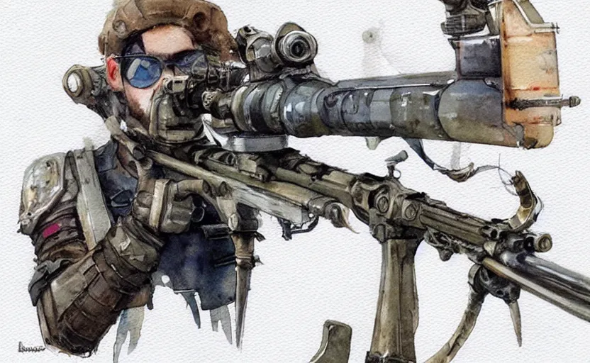 Image similar to concept art of a sniper rifle in futuristic, fantasy, steampunk, pinterest, artstation trending, behance, watercolor, by coby whitmore, silver, laser light,