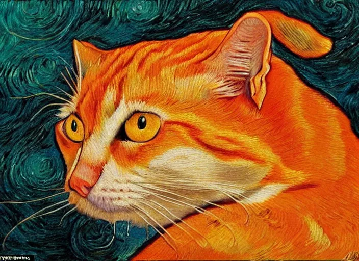 Prompt: detailed realistic realism painting of hybrid between orange tabby cat and lasagna, at dusk, in the style of vincent van gogh and salvador dali and leonardo da vinci