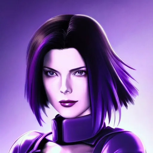 Image similar to A combination of Grace Kelly's and Katheryn Winnick's and Ashley Greene's faces with short violet hair and long winged eyelashes as Motoko Kusanagi from Ghost in The Shell, cyberpunk style, synthwave aesthetic, fantasy, intricate, elegant, highly detailed, digital painting, artstation, concept art, matte, sharp focus, illustration, half body portrait, anime style, art by Artgerm and Greg Rutkowski and Alphonse Mucha