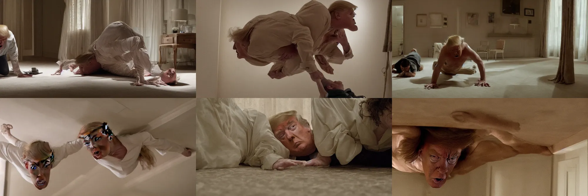 Prompt: scene from the movie hereditary, donald trump crawling on ceiling