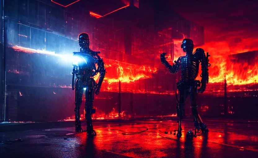 Image similar to ( high detailed terminator without flesh ), staying in front of burning data center room, heavy fire on the background, extreme long shot, high detail, cold neon light, cinematic colors, sharp