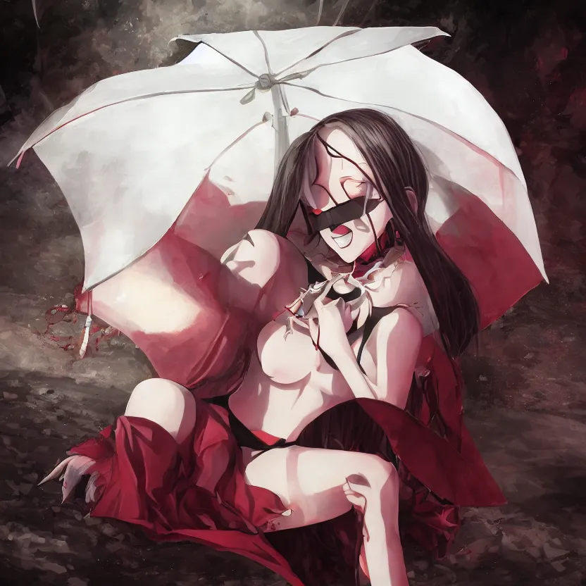 Prompt: portrait of a beautiful and grim vampire queen in the shade underneath a large beach umbrella, trending on pixiv