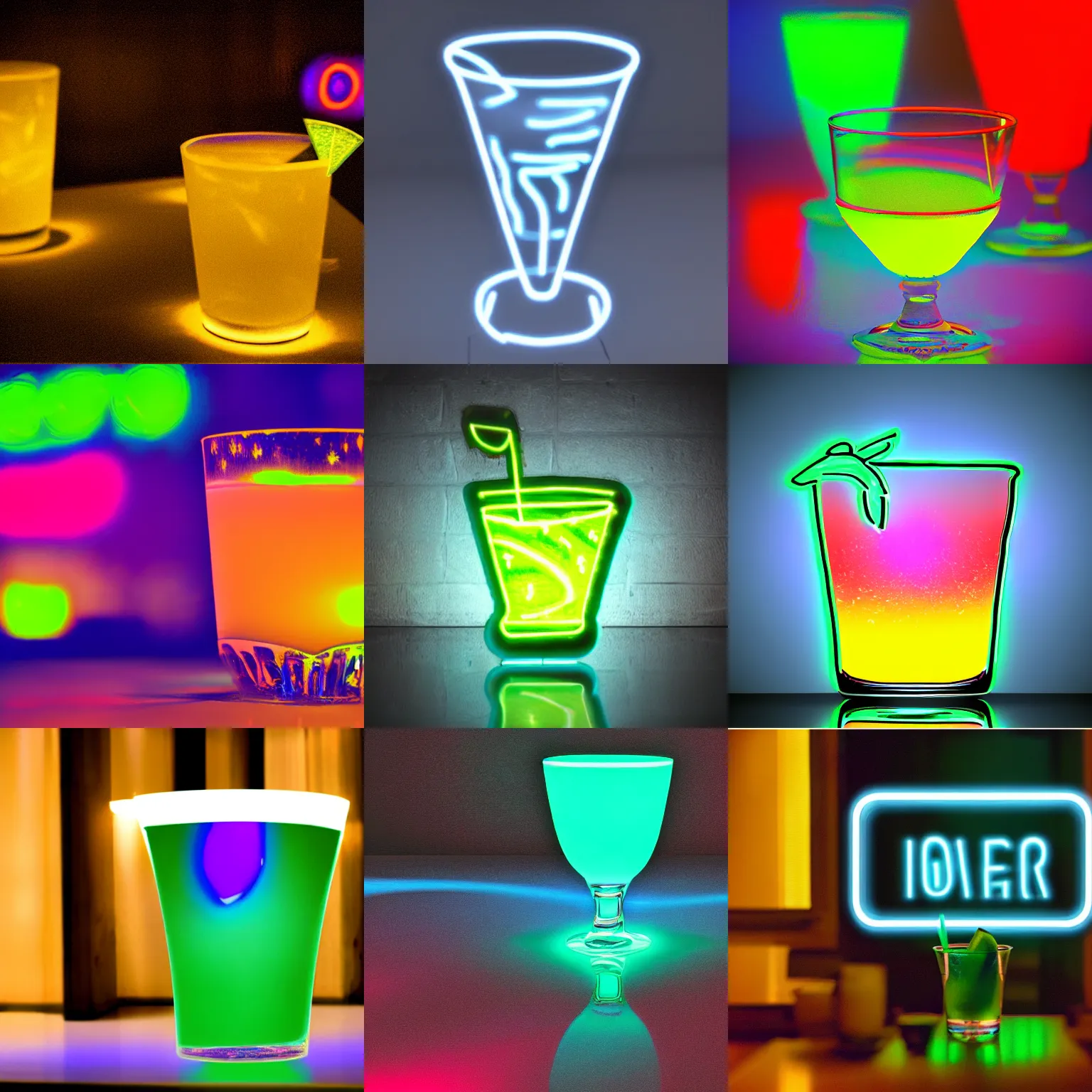 Prompt: a glowing neon image of a cocktail glass