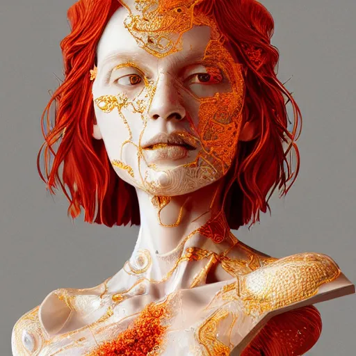 Image similar to abstract highly detailed female sculpture drawing made of white marble and red crystals quartz and minerals, ethereal lights, fine details, artstation, digital paint, fantasy, cinematic photoshooting, illustration, 8 k, intricate golden filigree, octane render, hypperrealistic painting, abstract liquid acrylic art, painting by james gilleard and minna sundberg