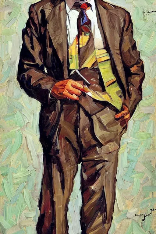 Prompt: saul goodman in colorful suit, painting by jc leyendecker!!, angular, brush strokes, painterly, vintage, crisp