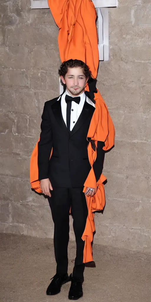 Image similar to 'young Shia LaBeouf wearing a frosty orange cross-cross weaved bamboo royal tuxedo'
