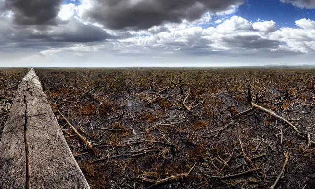 Image similar to panorama of big raindrops flying upwards into the perfect cloudless blue sky from a dried up river in a desolate land, dead trees, blue sky, hot and sunny highly-detailed, elegant, dramatic lighting, artstation, 4k, cinematic landscape, photograph by National Geographic