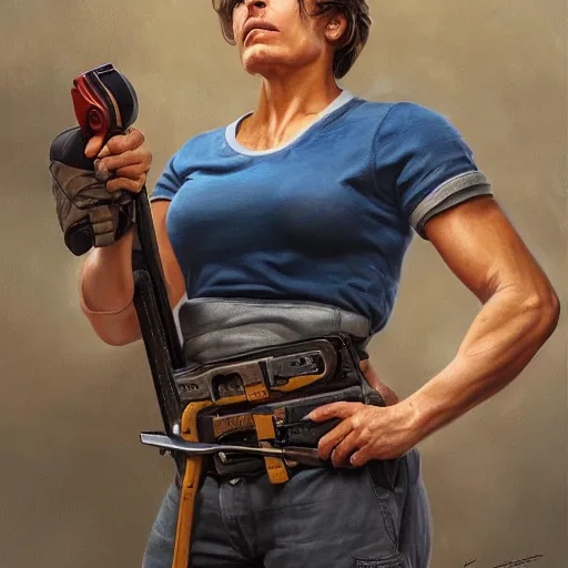 Image similar to epic portrait a slightly muscular woman wearing short sleeved uniform and carrying a powertool, detailed, centered, digital painting, artstation, concept art, donato giancola, Joseph Christian Leyendecker, WLOP, Boris Vallejo, Breathtaking, 8k resolution, extremely detailed, beautiful, establishing shot, artistic, hyperrealistic, beautiful face, octane render