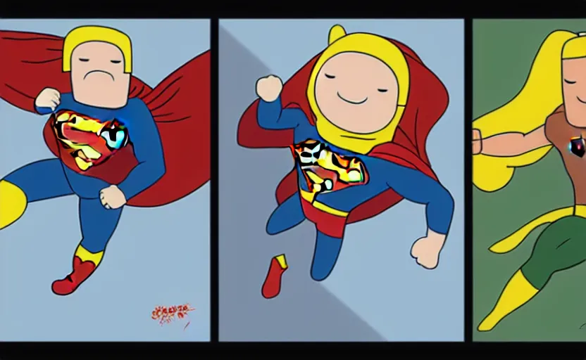 Image similar to painting of Jake from adventure time versus superman from DC universe, Jake is eating bacon pancakes, adventure time vs DC, hand to hand combat, by senior character artist, concept art, digital art, cartoony