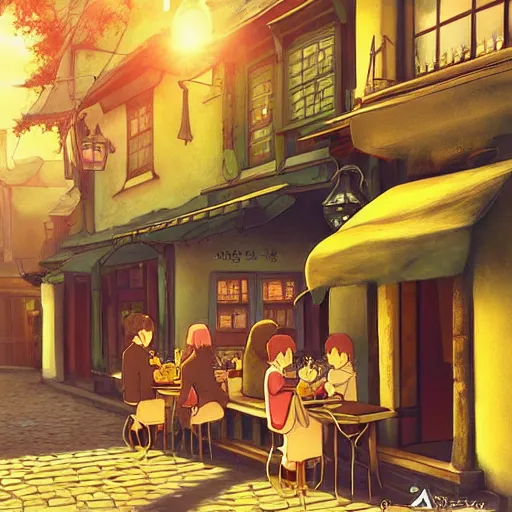 Image similar to beautiful cute cozy very little cafe on a cobblestone street, golden morning light, simple fantasy anime style of hayao miyazaki, digital art trending on artstation