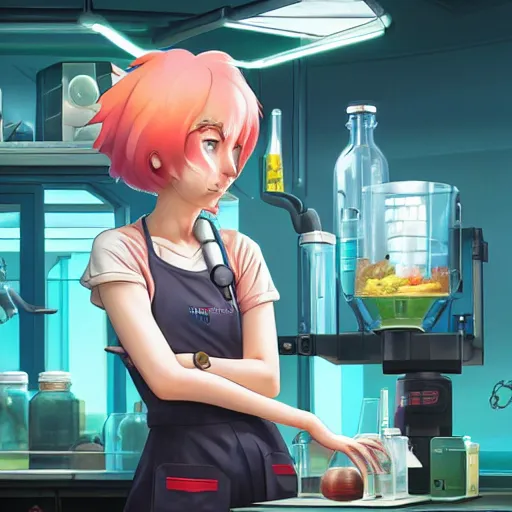 Prompt: British Pokemon original character with wild peach colored hair and heterochromia, Pixar style, beautiful woman, scientist, standing in a lab in front of a giant containment liquid filled tank, by Tristan Eaton Stanley Artgerm and Tom Bagshaw, Makoto Shinkai ilya kuvshinov and Wojtek Fus