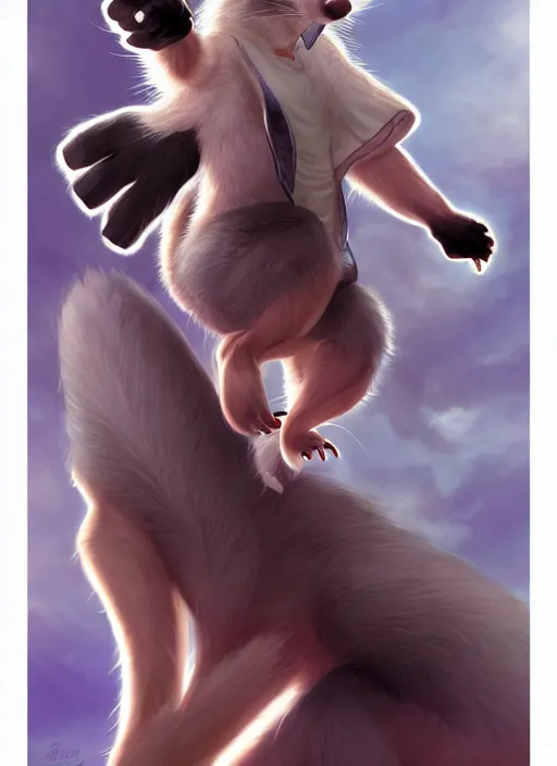 Image similar to character portrait of a female furry anthro opossum fursona wearing a tanktop and shorts with arm tattoos. Character design by charlie bowater, ross tran, artgerm, and makoto shinkai, detailed, inked, western comic book art