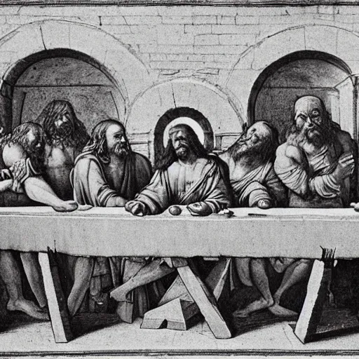 Image similar to neanderthals enacting the last supper by leonardo da vinci, jesus in the middle