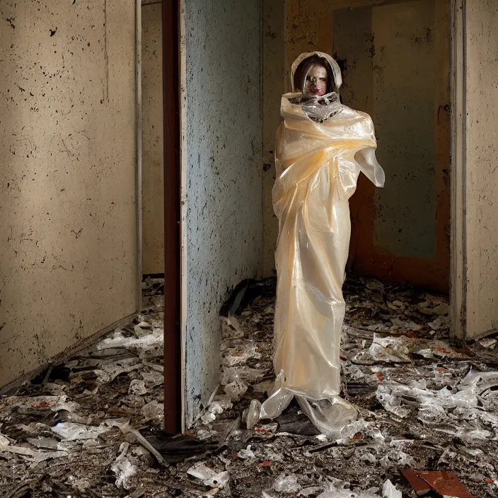 Prompt: a color photograph, closeup portrait of a woman wrapped in plastic, standing in an abandoned daycare, color photograph, by vincent desiderio, canon eos c 3 0 0, ƒ 1. 8, 3 5 mm, 8 k, medium - format print