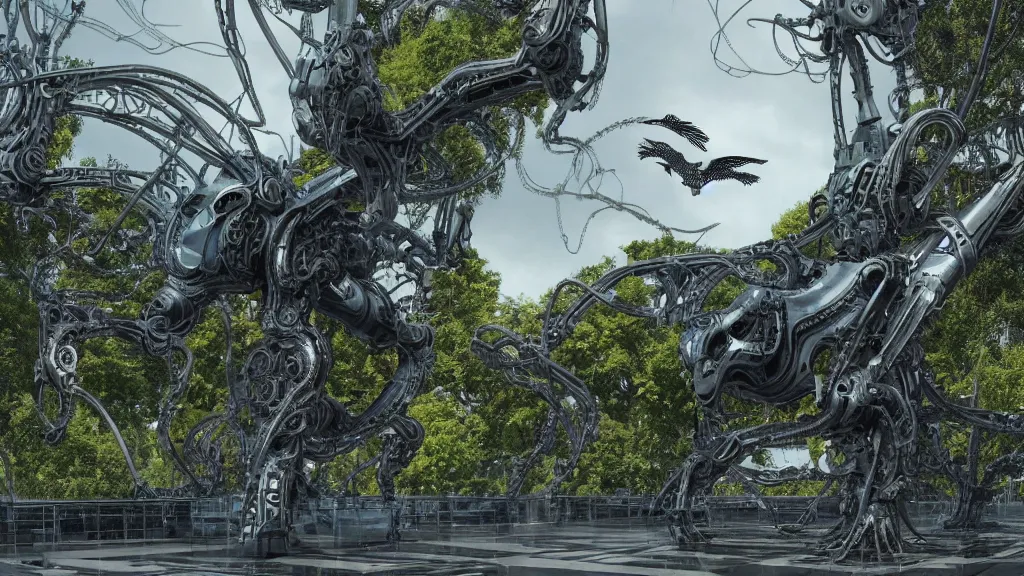 Prompt: organic mechanical metal osprey aircraft, giger influenced with ornate intricate details, with black smoke pumped out, sunny blue sky, landed on futuristic glass and concrete heliport, ornate buildings covered with green moss, vines and blue foliage, with cyborg female soldiers in the foreground wearing stealth transparent clothing, daytime, wet floor on streets, matte painting, unreal engine, cinematic camera, bloom, mirrors edge