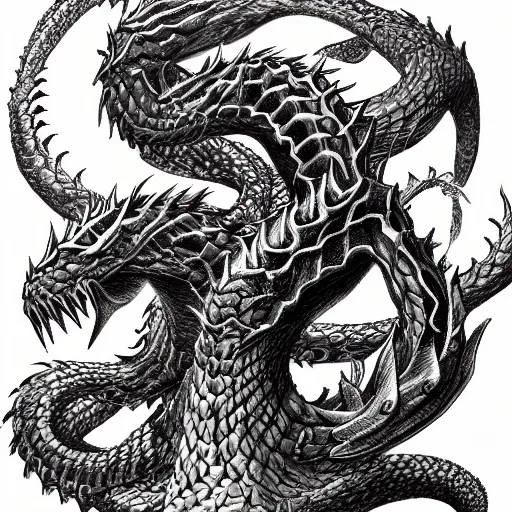 Image similar to highly detailed drawing of a mythical hydra, hyperrealistic, photorealistic, artstyle, highly detailed, sharp