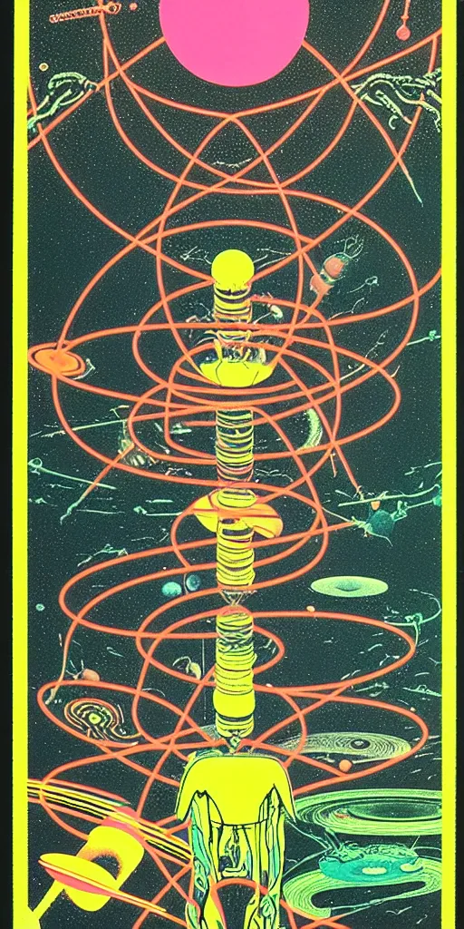 Prompt: 1968 science fiction tarot card, cut out collage, neon Roman, xerox punk, spring on Saturn, epic theater, deep sea, mountain plants, drawings in part by moebius, part by Ernst Haekl, text by William S Boroughs, composition by neo Rauch