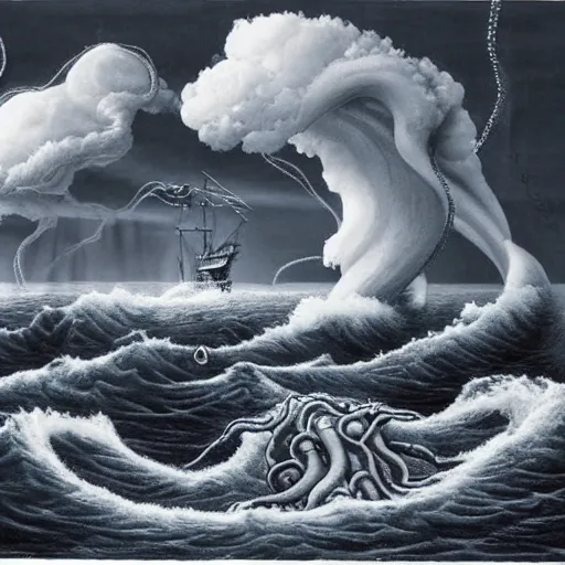 Prompt: a highly detailed hyperrealistic scene of a ship being attacked by giant squid tentacles, jellyfish, squid attack, dark, voluminous clouds, thunder, stormy seas, pirate ship, dark, high contrast, giant sea monster attacking from the clouds