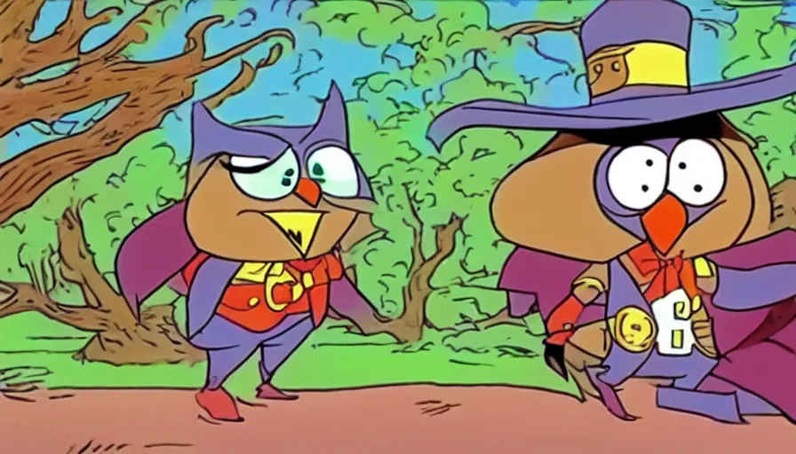 Prompt: saturday morning cartoon shot of an owl dressed as the lone ranger, screenshot from 1990s animated show