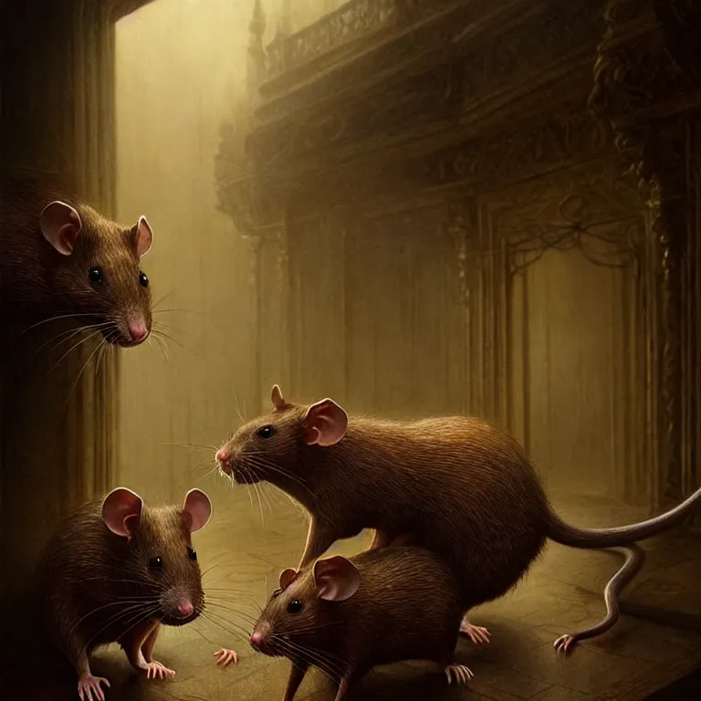 Image similar to epic professional digital art of imposing hungry rats, faint golden moody atmospheric lighting, painted, intricate, detailed, detailed, foreboding, by leesha hannigan, wayne haag, reyna rochin, ignacio fernandez rios, mark ryden, iris van herpen,, epic, stunning, gorgeous, much wow, cinematic, masterpiece.