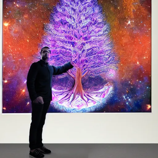 Prompt: a human man standing next to a cosmic tree, a sense of awe, amazement, monogon, plasma display, damascus, multiscopy, morph, in a symbolic and meaningful style, insanely detailed and intricate, hypermaximalist, elegant, ornate, hyper realistic, super detailede