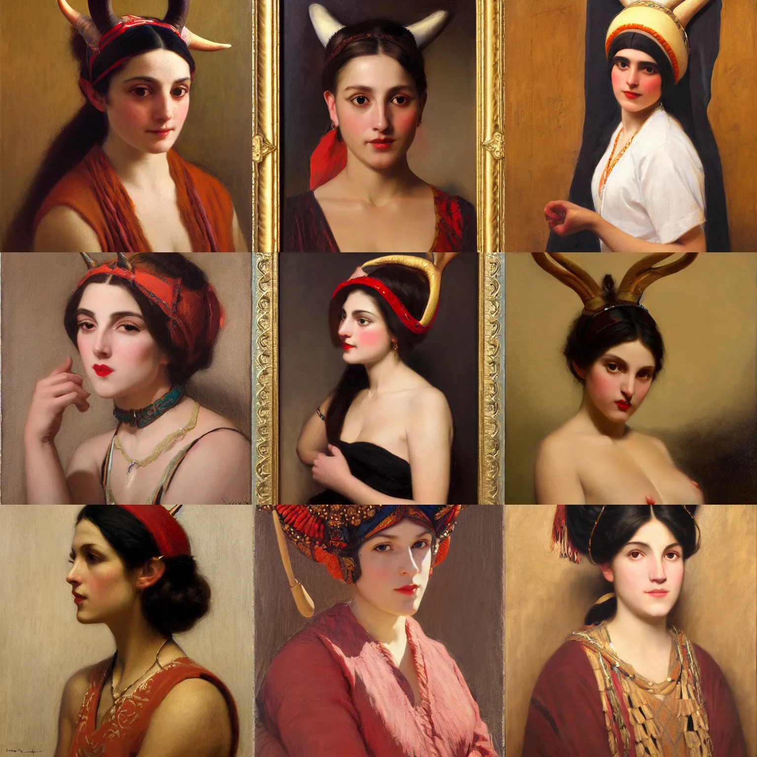 Prompt: orientalism portrait of a cute woman wearing antelope horns by Edwin Longsden Long and Theodore Ralli and Nasreddine Dinet and Adam Styka, masterful intricate artwork. Oil on canvas, excellent lighting, high detail 8k
