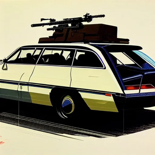 Image similar to concept art for a station wagon covered in mounted guns, painted by syd mead, high quality