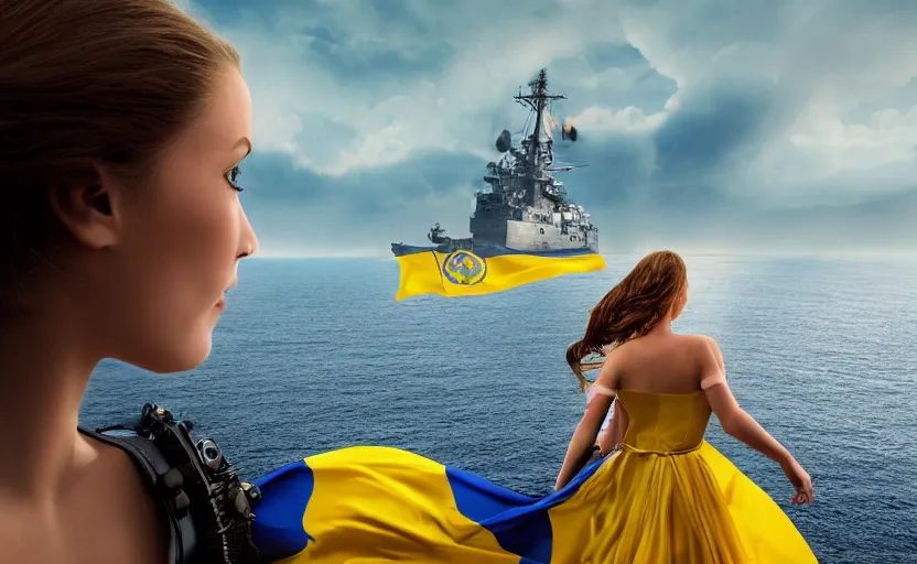 Image similar to cinematic shot from behind of a beautiful girl in national blue and yellow dress with beautiful hair standing against and facing a huge realistic detailed Russian warship on the horizon. She is ready to fight. Ukrainian flag on the left side, concept art, сinematic lighting, insanely detailed, smooth, sharp focus, Artstation, 8k, unreal engine, hyper realistic, steampunk style, bright background, moonlight, volumetric lighting, wallpaper, digital illustration by Ruan Jia and Mandy Jurgens and Artgerm and Wayne Barlowe and Greg Rutkowski and Zdislav Beksinski