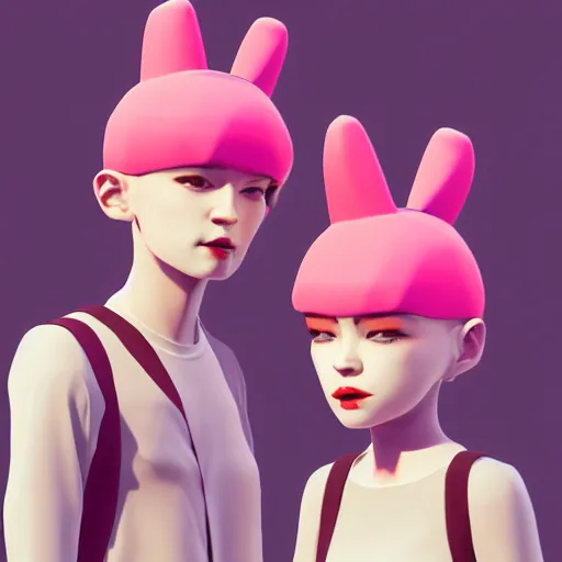 Image similar to bingo bango abstract headpiece on a set of twin ninja hypebeasts, by ilya kuvshinov and james jean and hiroya oku and gilleard james, artstation trending, 8 k, 3 d render, photorealistic, volumetric lighting caustics, pink