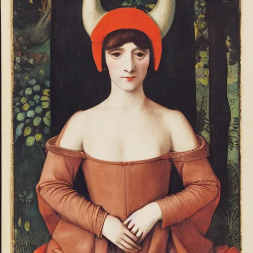 Image similar to portrait of a harpy with horns changing into a flower, fashion editorial by hans holbein and alexej von jawlensky, full body, flowing dress, in a garden