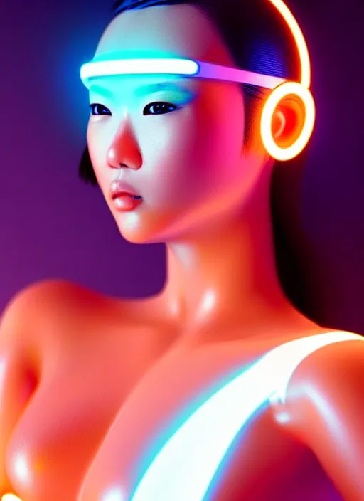 Prompt: a beautiful asian female humanoid with freckled cheeks, cyber neon lighting, futurism, intricate, futuristic jewelry accessories, cyberpunk glossy white latex swimsuit, profile posing, hyper photorealistic, crispy quality, digital photography, trending in artstation, trending in pinterest, cinematic, 4 k ultra hd, art by pascal blanche, art by greg rutkowski,