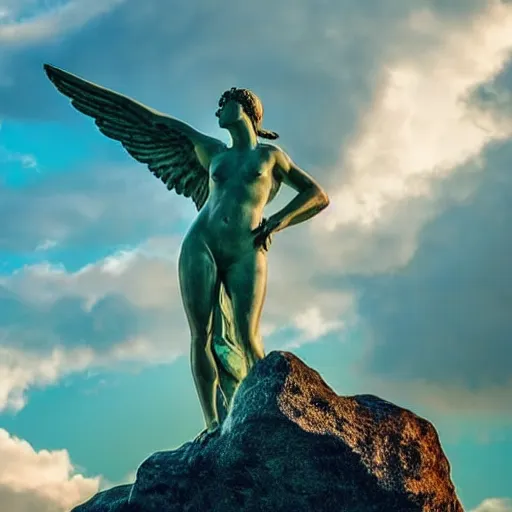 Image similar to venus, nike, the winged victory of samothrace statue made of turquoise crystal on a rock in the clouds dramatic low light volumetric lighting epic towering clouds central composition stylised