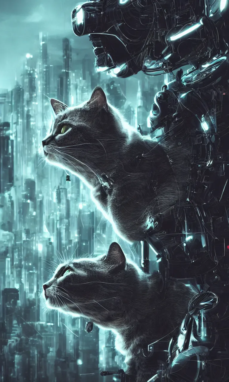 Image similar to beautiful cat cyborg, futuristic, cyberpunk, highly detailed, photorealistic, sharp focus,, cinematic composition, cinematic lighting, detailed