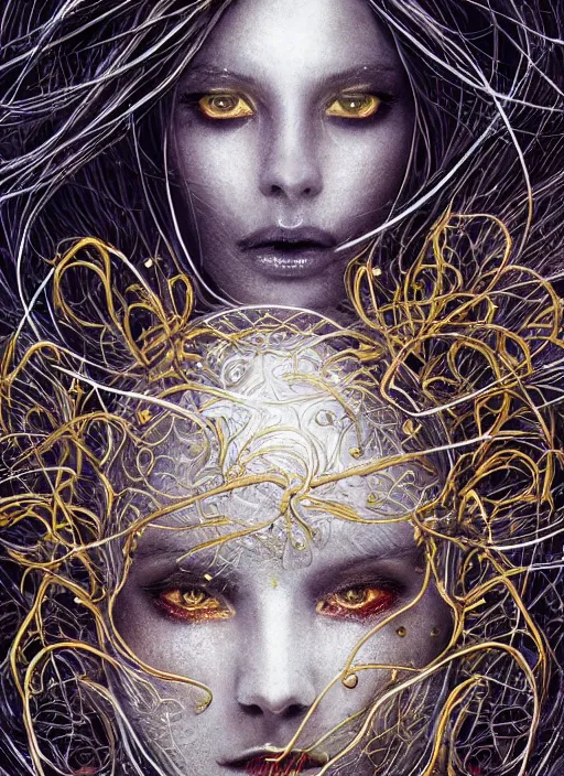 Image similar to glowing silver and golden elements, full close-up portrait, A beautiful dark witch in front of the full big moon, book cover, green forest, red white black colors, establishing shot, extremly high detail, foto realistic, cinematic lighting, pen and ink, intricate line drawings, by Yoshitaka Amano, Ruan Jia, Kentaro Miura, Artgerm, post processed, concept art, artstation, matte painting, style by eddie, raphael lacoste, alex ross