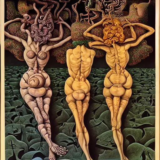 Image similar to the three fates, pain, pleasure, suffering, adventure, love, abstract oil painting by MC Escher and Salvador Dali and raqib shaw,-W 1024