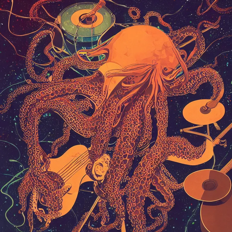 Image similar to a beautiful painting by victo ngai of an octopus playing drums and telecaster guitar in an electronic concert, dark background, concert light, dark mood, warm lights